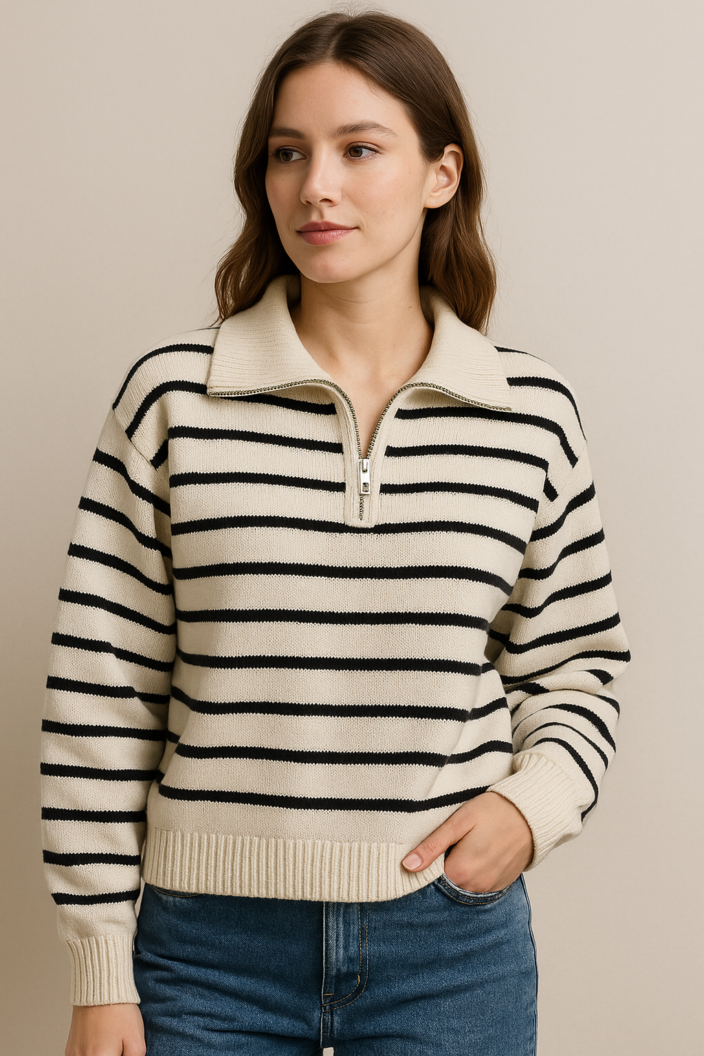 Back view of spring pullover with minimalistic striped pattern