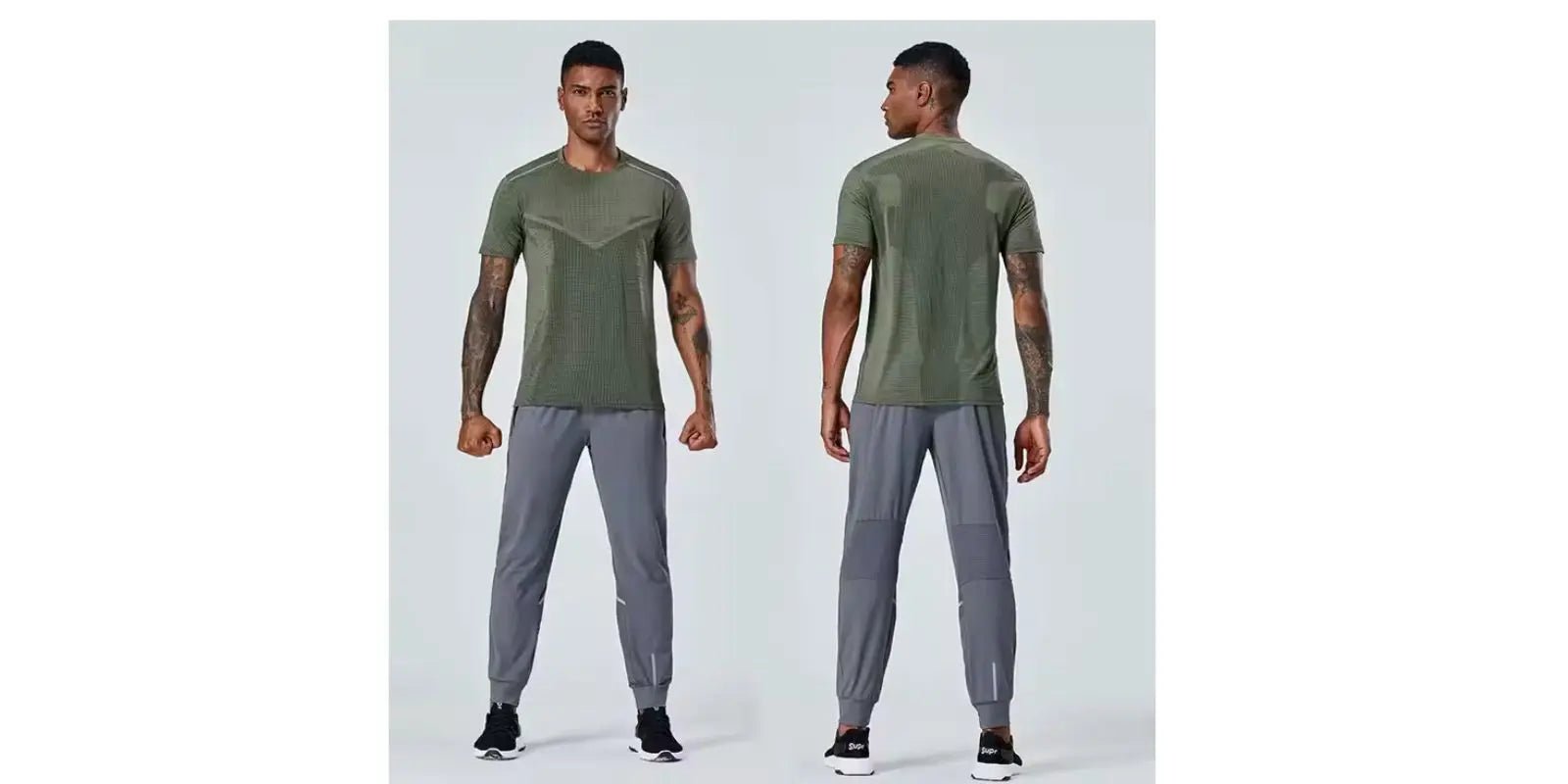 Men wearing men's navy blue joggers and olive green t-shirts shown from front and back views