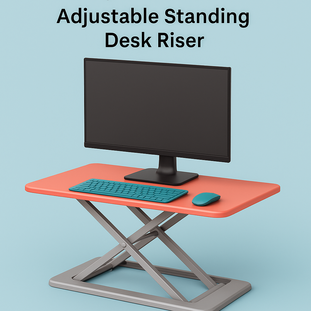 Woman using standing desk converter at home