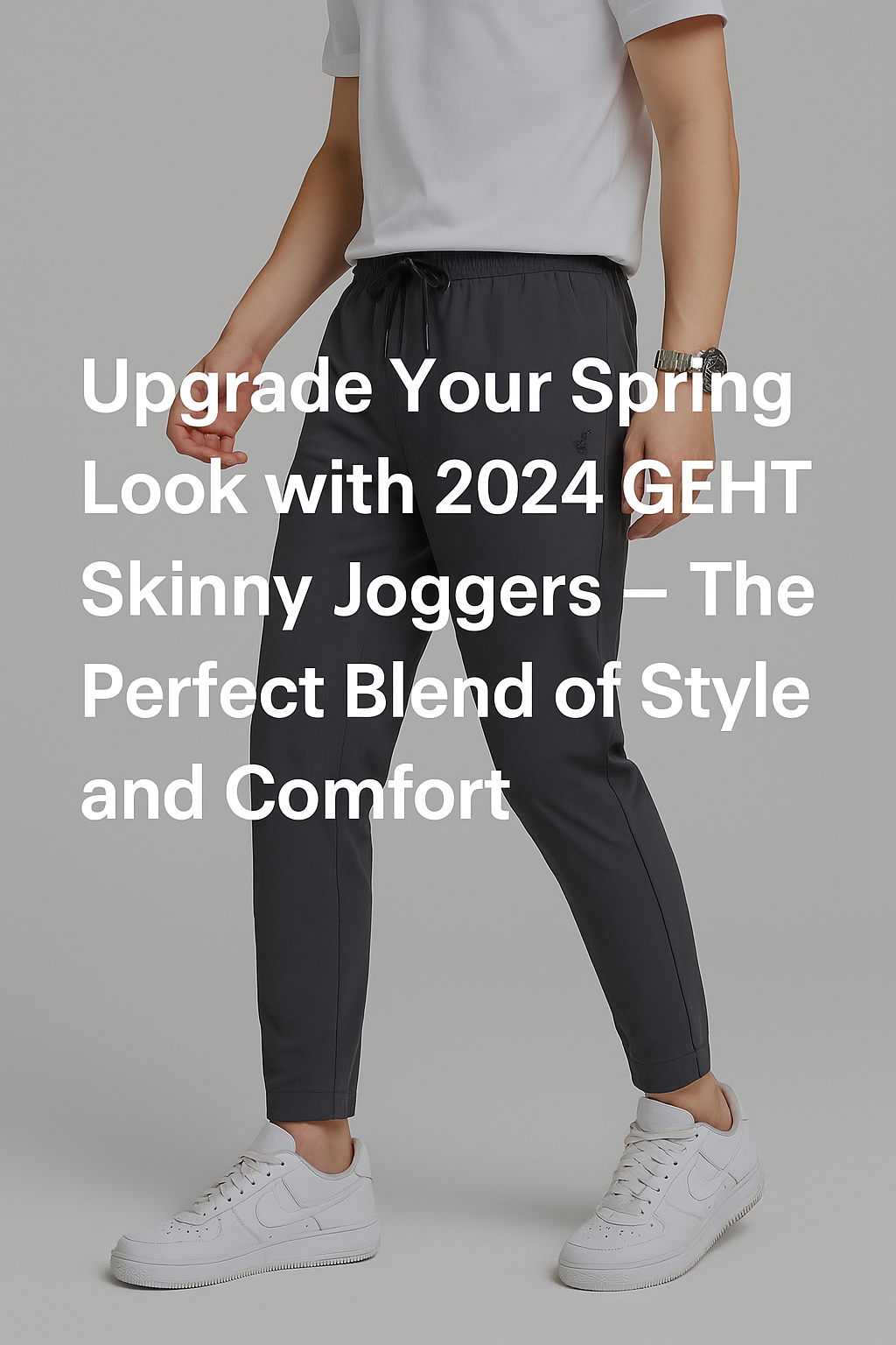 Male model wearing 2024 GEHT men’s skinny joggers in a streetwear style setting