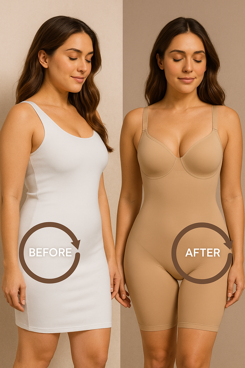 A woman wearing seamless sculpting shapewear bodysuit that flattens the tummy and lifts the bust naturally.