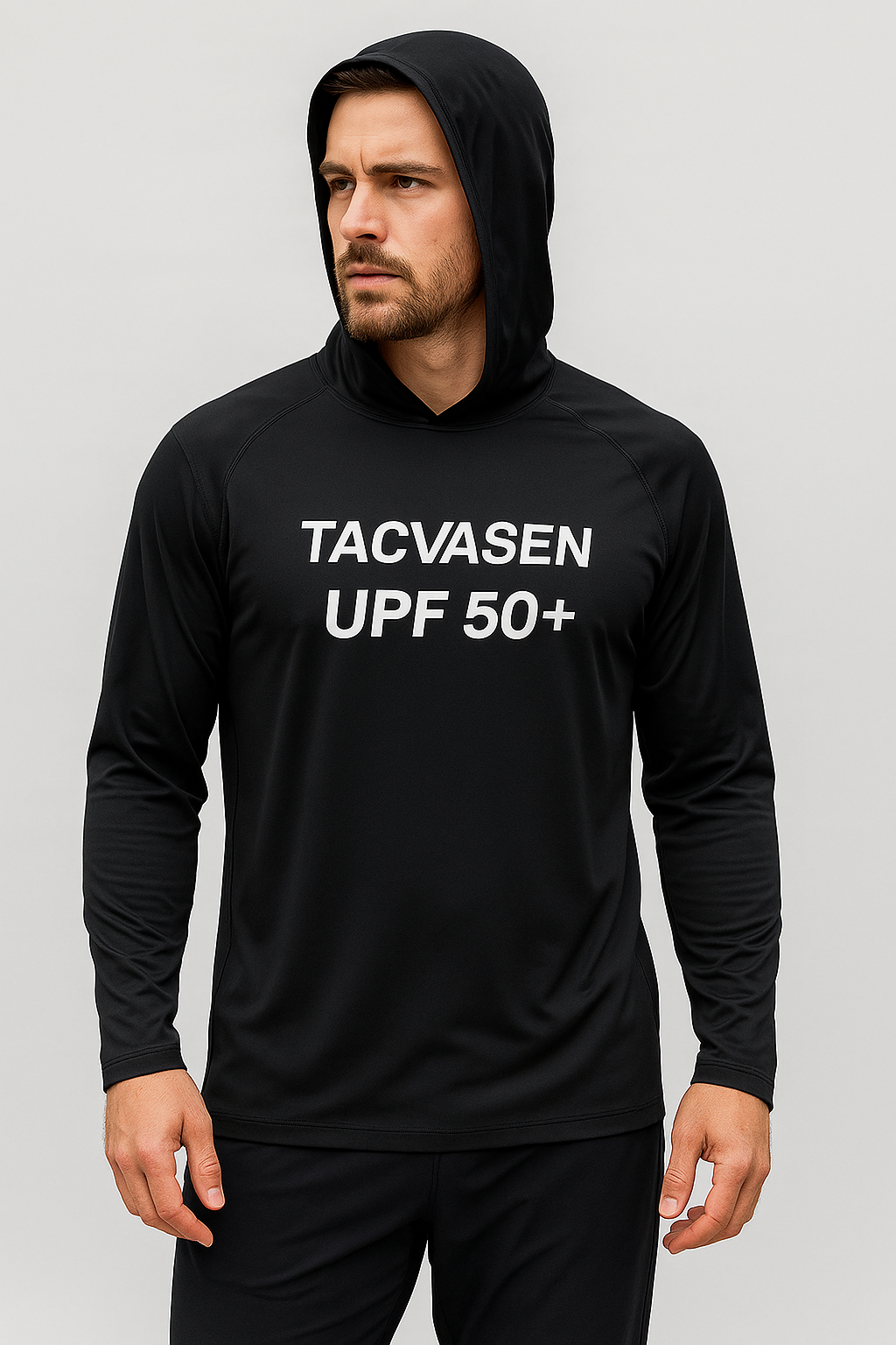 Gray TACVASEN lightweight hooded long sleeve shirt for men, ideal for hiking and running.
