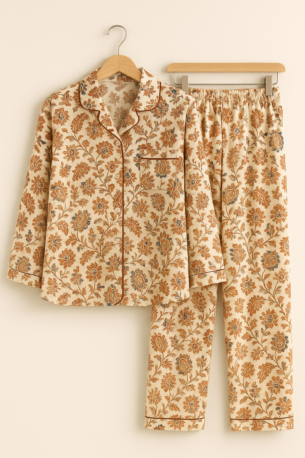 Close-up of hanging cotton pajama showcasing detailed ethnic print design