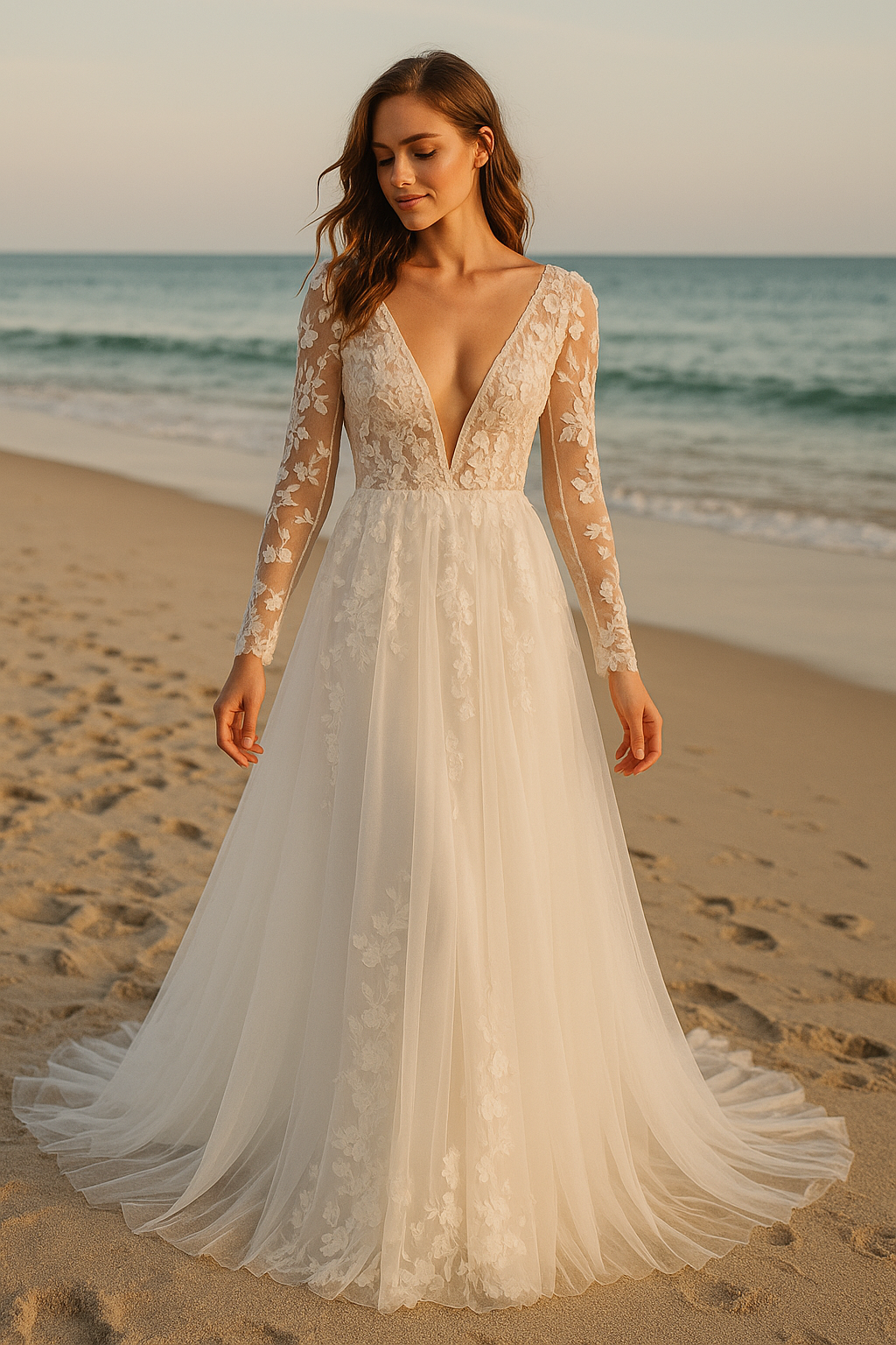Floor-length A-line white boho dress with brush train and sheer lace illusion back