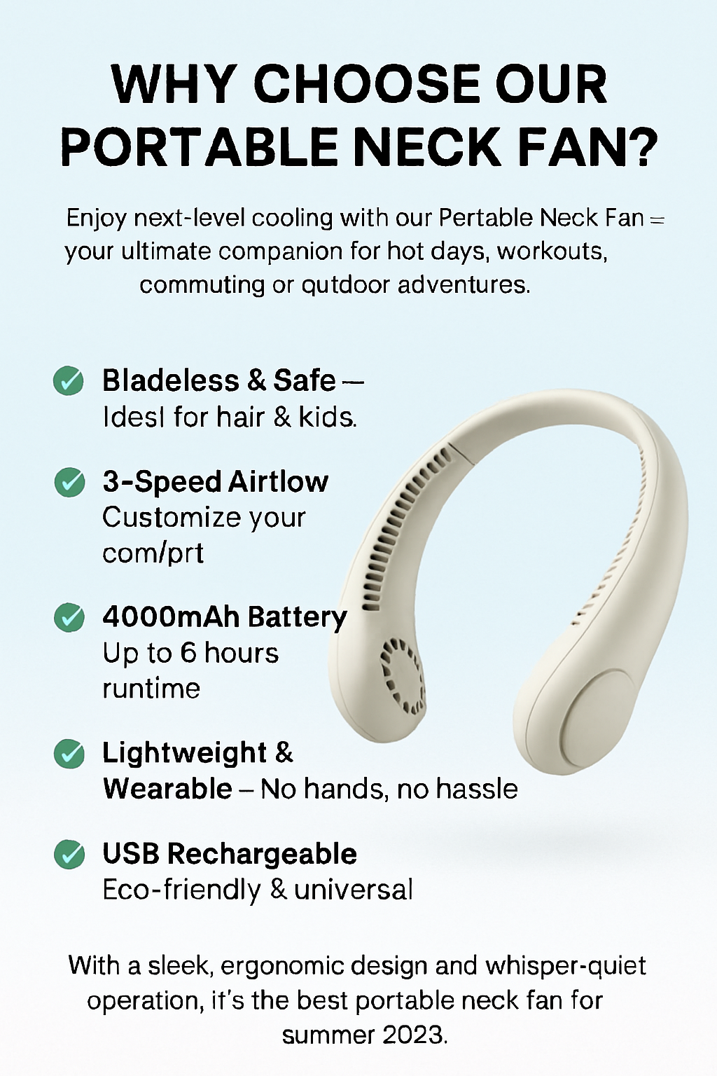 Portable bladeless neck fan worn outdoors in summer