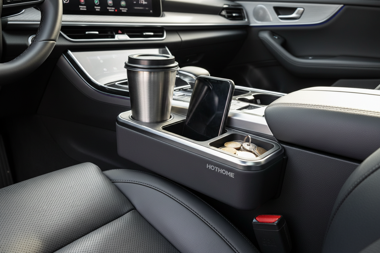 compact car seat storage box with cup holder