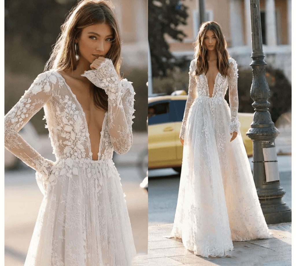 Front view of 2025 white boho wedding dress with deep V-neck, floral lace appliques, and flowing A-line silhouette