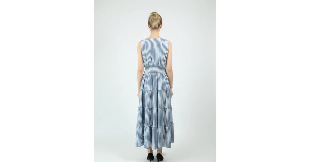 Sleeveless V Neck Maxi Ruffle Stripe Dress – Casual & Business Casual Outfit for Women - Omnibaya