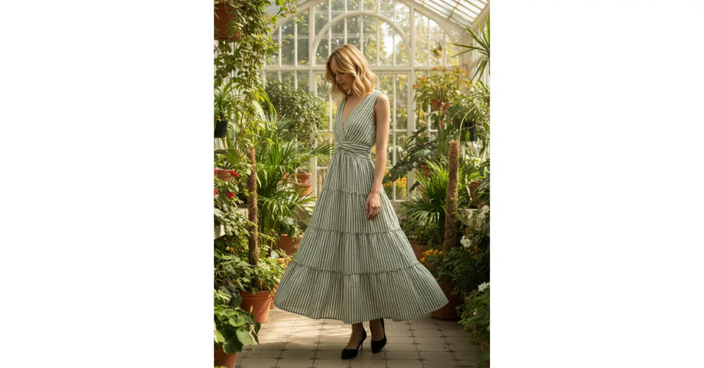 Sleeveless V Neck Maxi Ruffle Stripe Dress – Casual & Business Casual Outfit for Women - Omnibaya