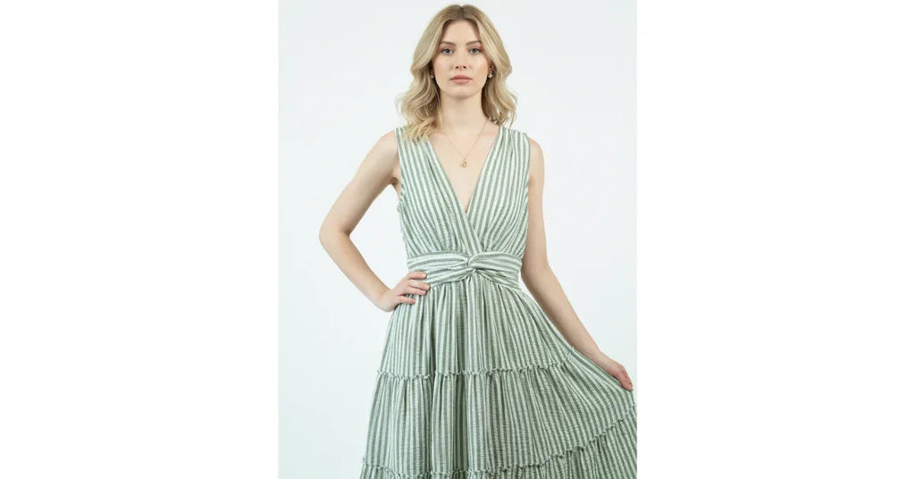 Sleeveless V Neck Maxi Ruffle Stripe Dress – Casual & Business Casual Outfit for Women - Omnibaya