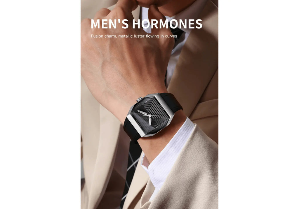 🔥 Specht & Söhne SP0026 Review – Best Sports Luxury Watch Under $500 in 2025, featuring a geometric stainless steel case and black rubber strap on a man's wrist in a beige suit. Ideal for those seeking waterproof, luminous men's watches with bold design.