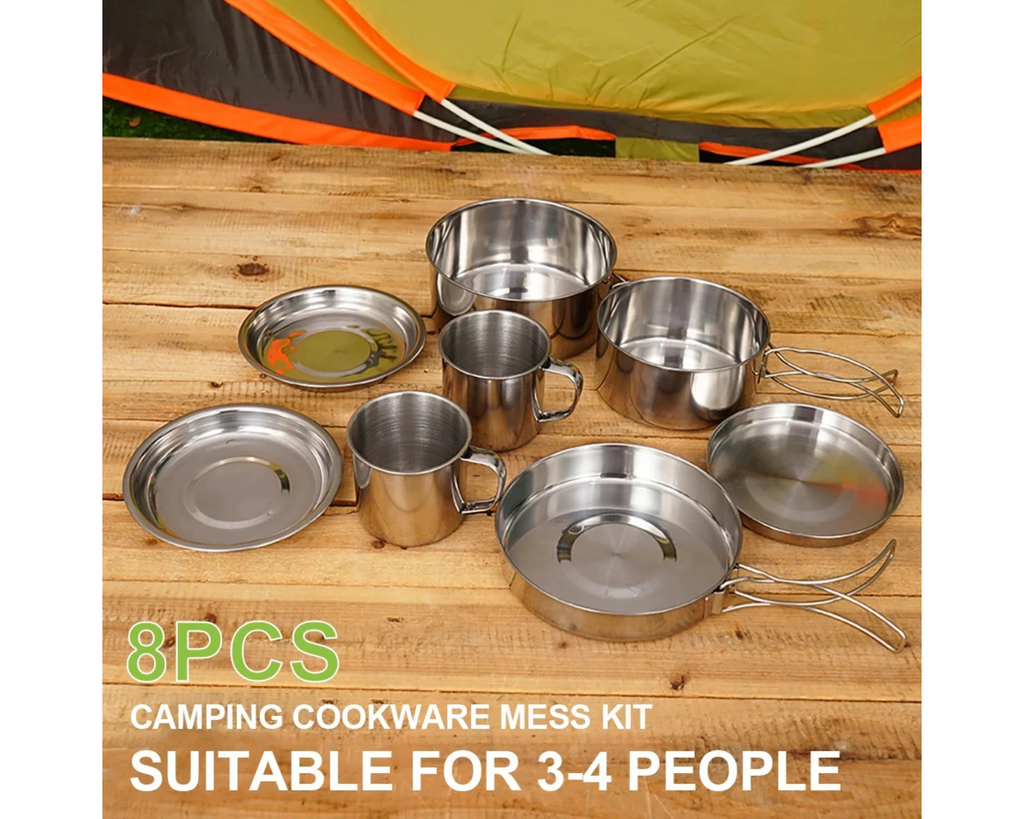 8pcs Stainless Steel Camping Cookware Set – Compact Pot and Pan Mess Kit for 3–4 People with Plates & Cups Omnibaya