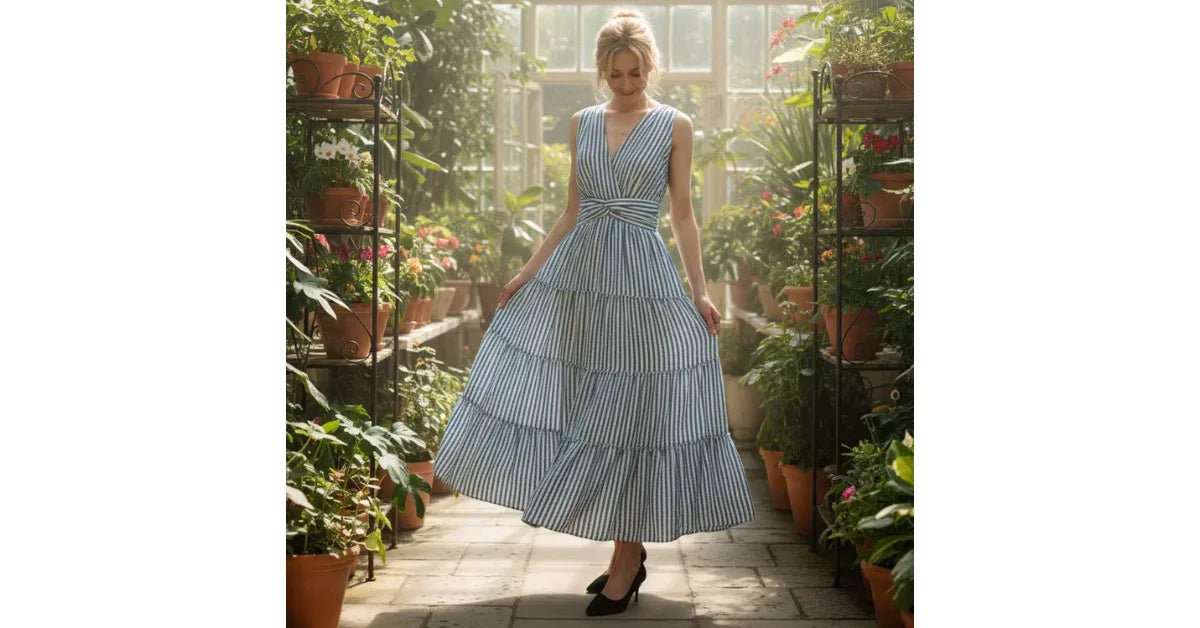 Sleeveless V Neck Maxi Ruffle Stripe Dress – Casual & Business Casual Outfit for Women - Omnibaya