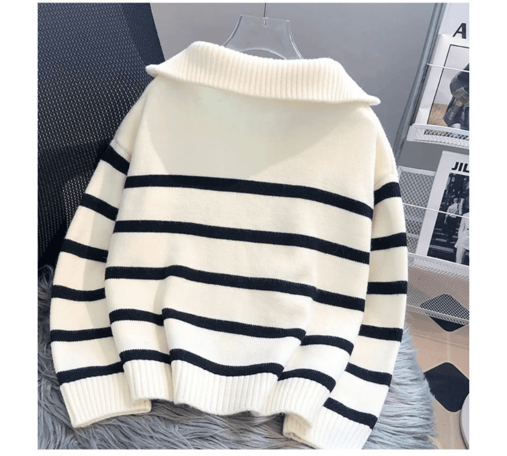 Premium Zipper Pullover Sweater for Women – Striped Loose Fit, Spring & Autumn Style by Pateekate - Omnibaya