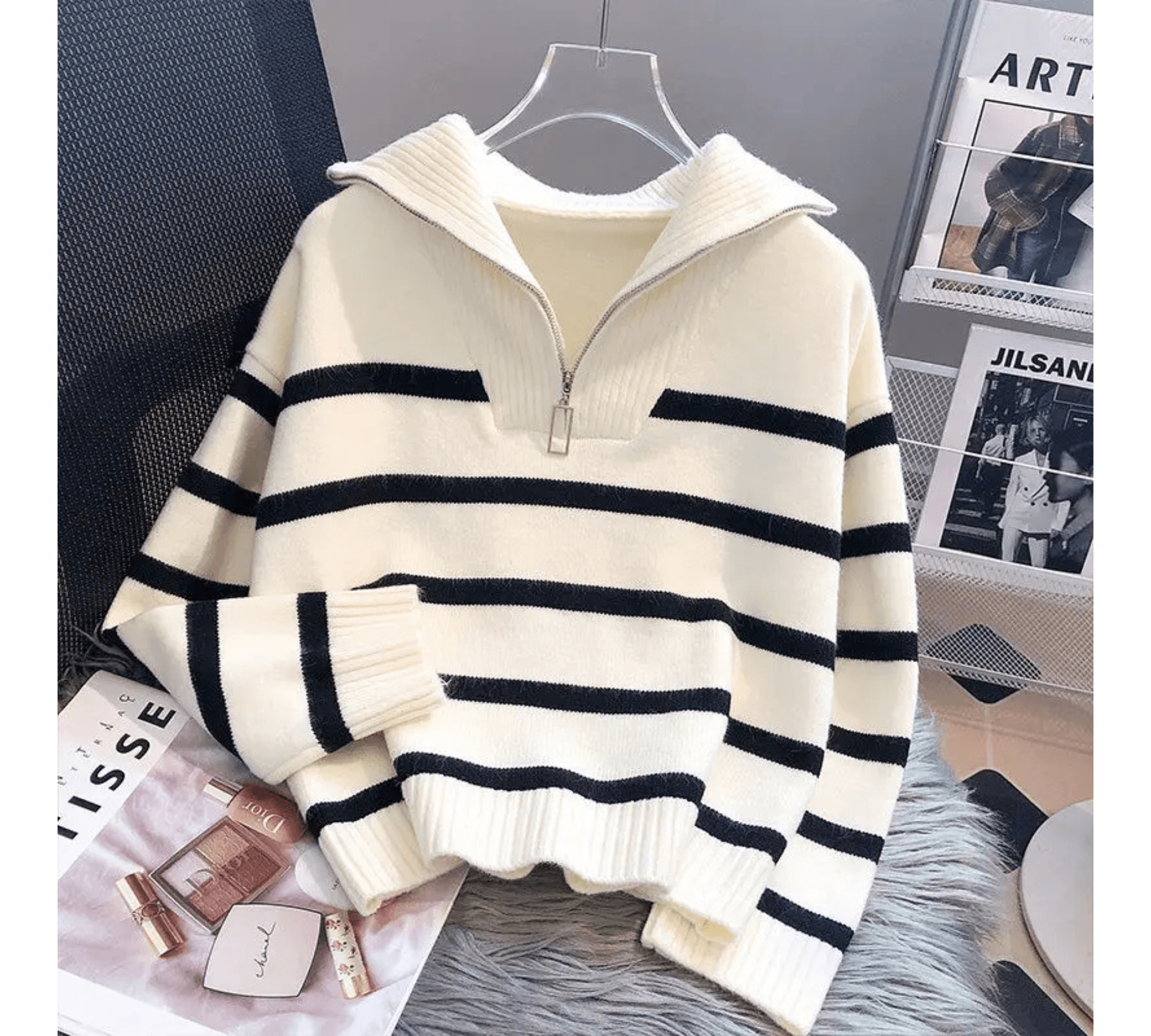 Premium Zipper Pullover Sweater for Women – Striped Loose Fit, Spring & Autumn Style by Pateekate - Omnibaya