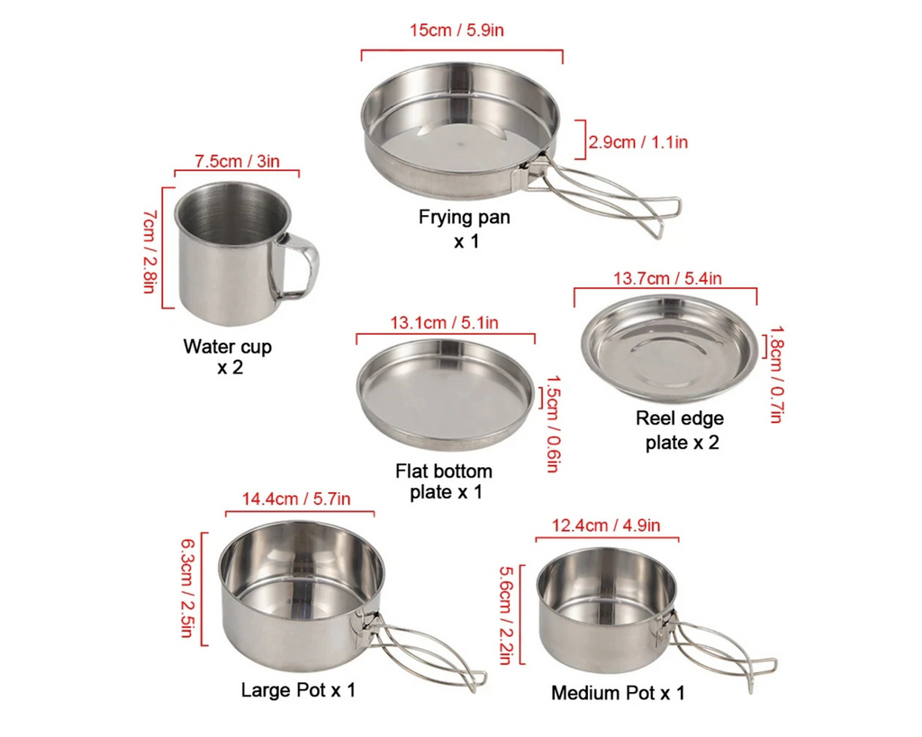 8pcs Stainless Steel Camping Cookware Set – Compact Pot and Pan Mess Kit for 3–4 People with Plates & Cups Omnibaya