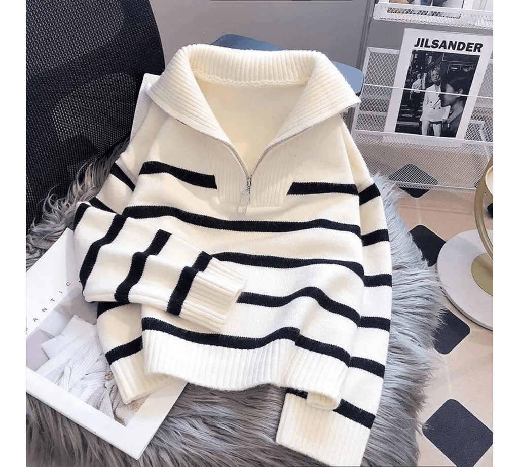Premium Zipper Pullover Sweater for Women – Striped Loose Fit, Spring & Autumn Style by Pateekate - Omnibaya
