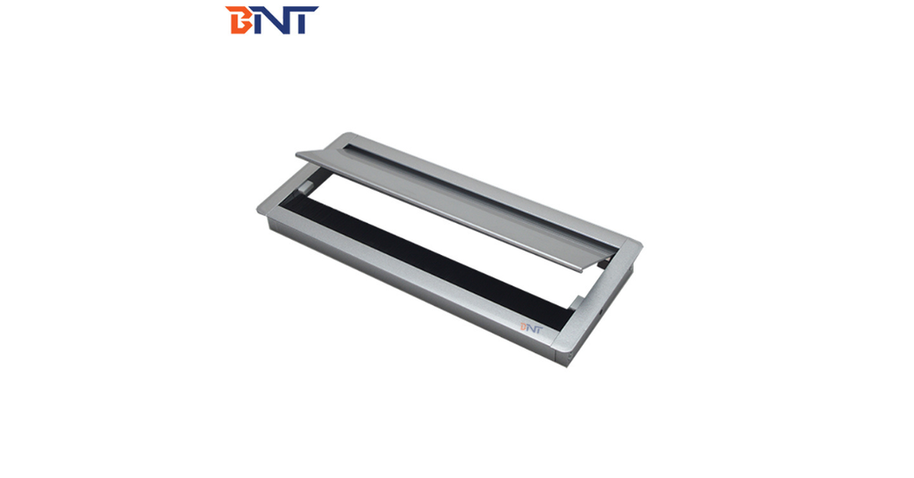 aluminum cable management box installed in desk