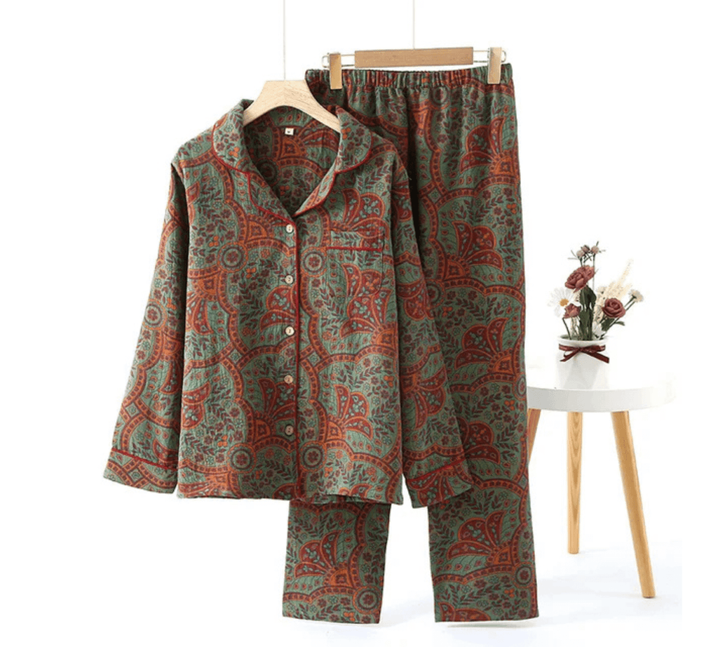 Two-piece cotton sleepwear set with floral pattern neatly hung for display