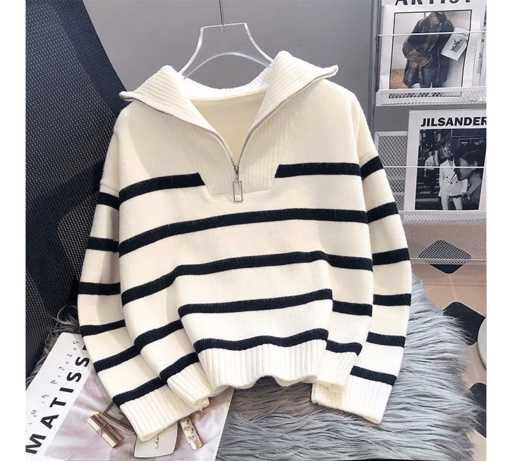 Premium Zipper Pullover Sweater for Women – Striped Loose Fit, Spring & Autumn Style by Pateekate - Omnibaya