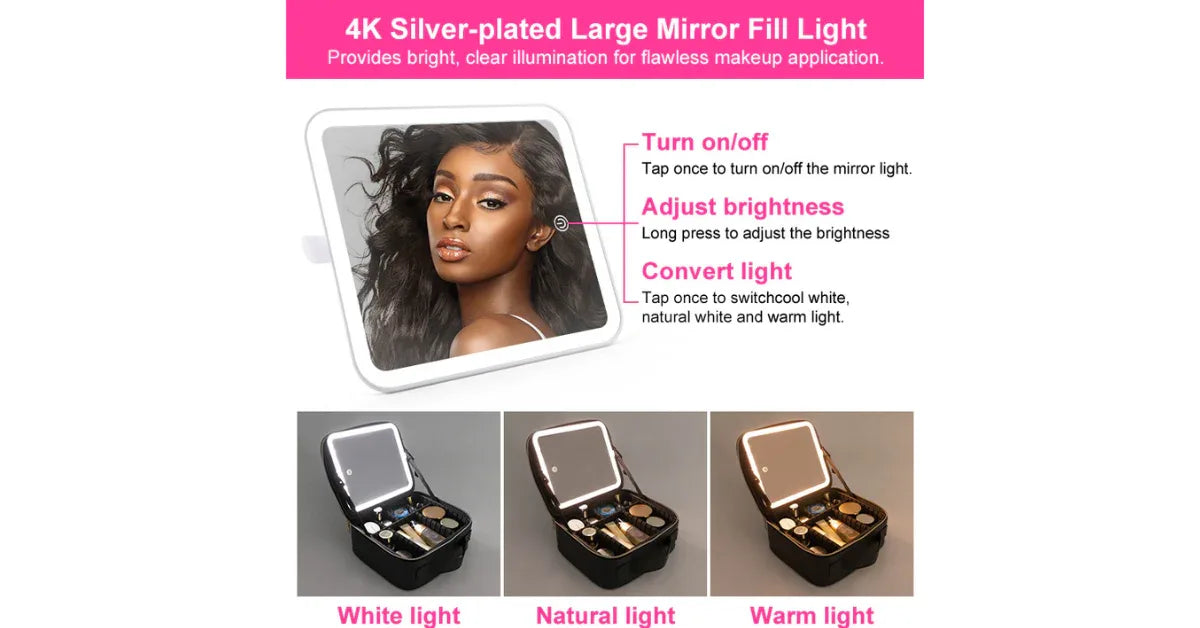 Portable LED Cosmetic Organizer Bag – Travel Makeup Storage with Lighted Mirror - Omnibaya