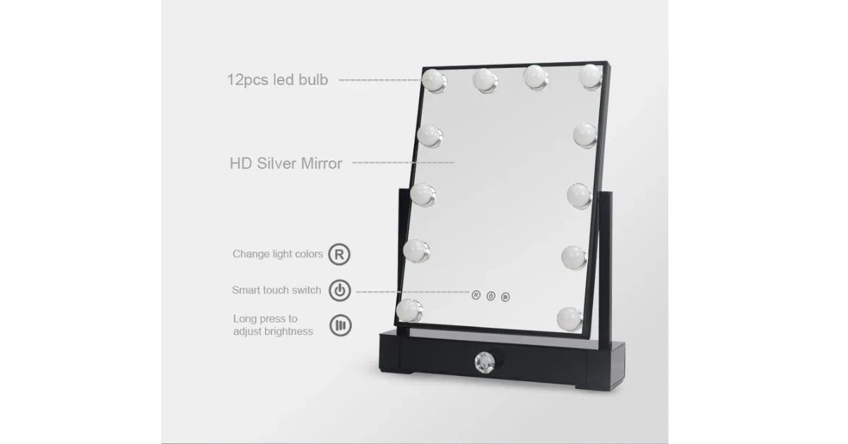 LED Lighted Desktop Vanity Makeup Mirror with Storage – Touch Sensor & Adjustable Brightness - Omnibaya