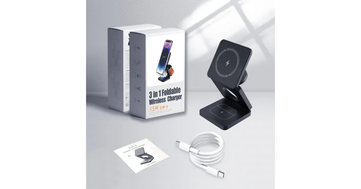 3-in-1 Foldable Fast Charging Wireless Charger Stand Dock – Magnetic Charger for iPhone, AirPods & iWatch - Omnibaya