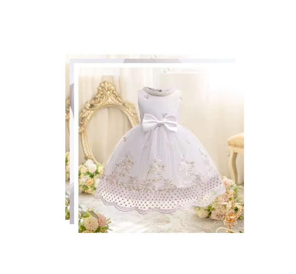 white dresses online, Flower Dress Pearl Gauze Princess, – Dresses, for Girls, Kids | Elegant Children's Dresses for Every Occasion omnibaya