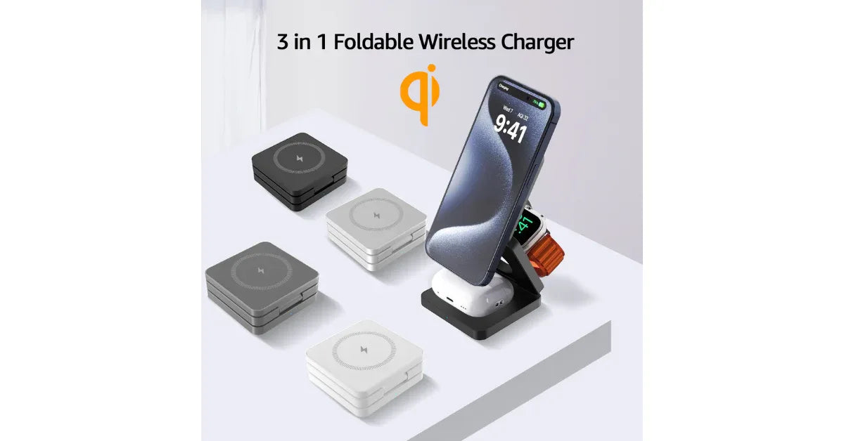 3-in-1 Foldable Fast Charging Wireless Charger Stand Dock – Magnetic Charger for iPhone, AirPods & iWatch - Omnibaya