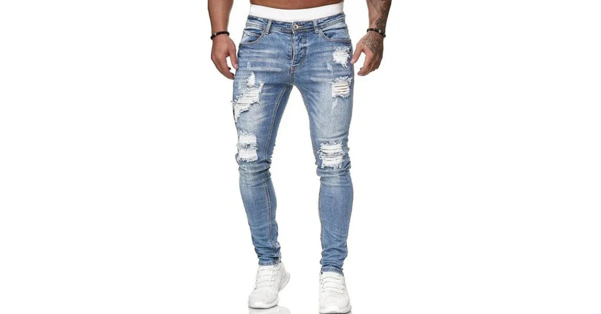 Mens Distressed Jeans – Casual Ripped Denim Pants for Men - Omnibaya