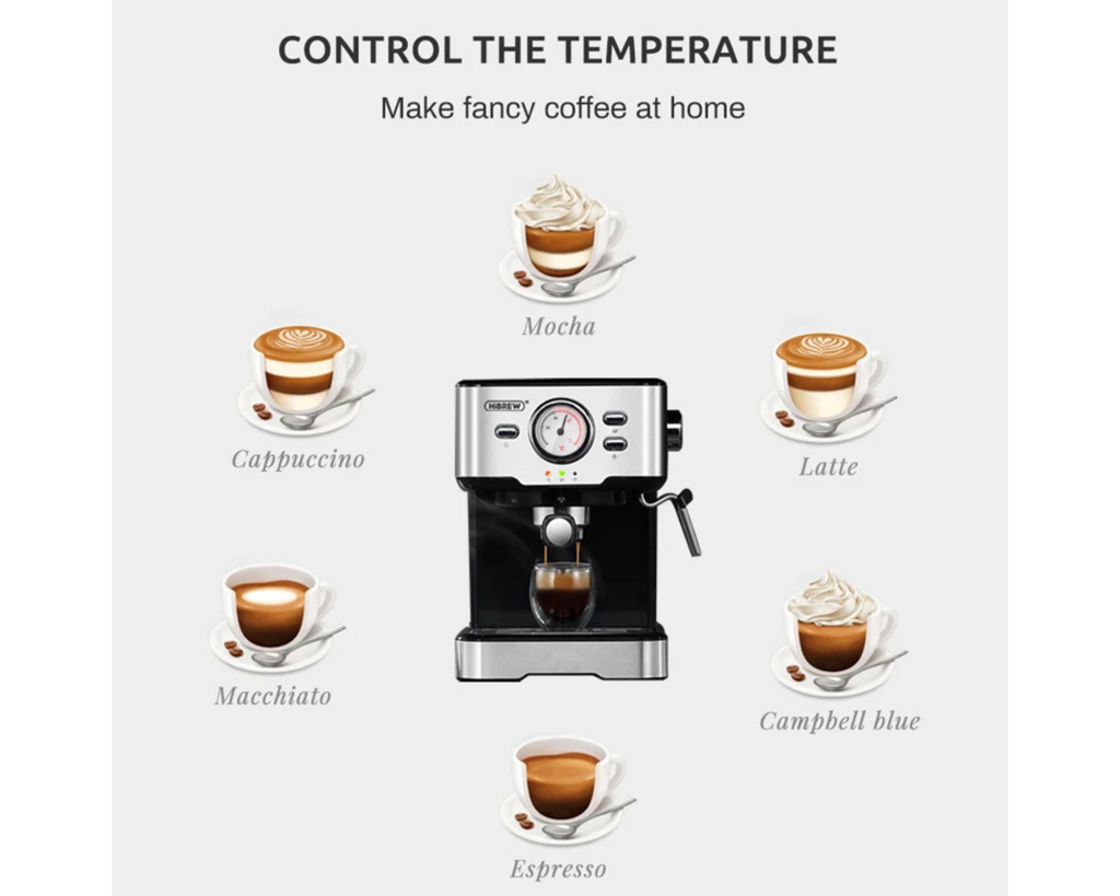HiBREW 20 Bar Espresso Coffee Machine H5 – Semi Automatic Cappuccino Maker with Steam, Display & Stainless Steel Housing omnibaya
