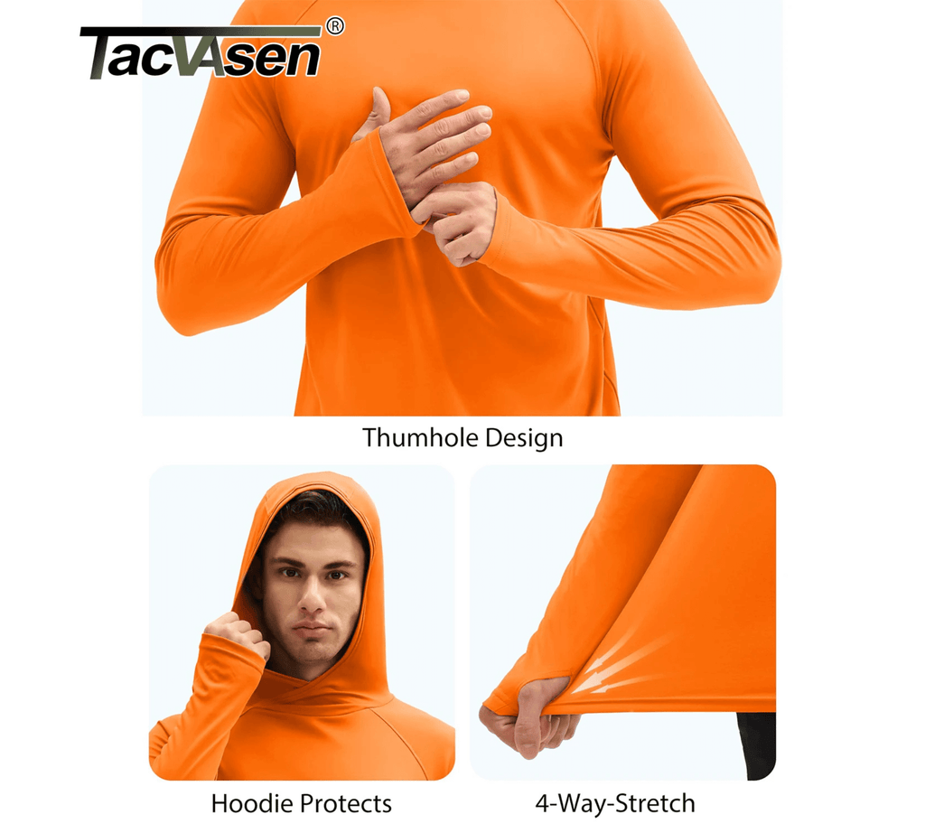 Blue long sleeve TACVASEN hooded shirt for men, quick dry and moisture-wicking performance top.