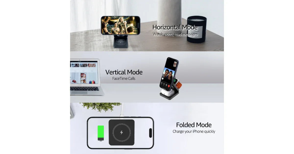 3-in-1 Foldable Fast Charging Wireless Charger Stand Dock – Magnetic Charger for iPhone, AirPods & iWatch - Omnibaya