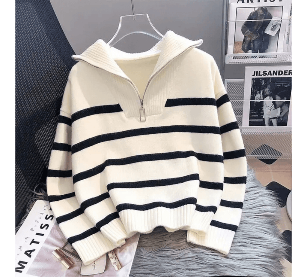 Premium Zipper Pullover Sweater for Women – Striped Loose Fit, Spring & Autumn Style by Pateekate - Omnibaya