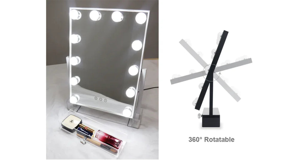 LED Lighted Desktop Vanity Makeup Mirror with Storage – Touch Sensor & Adjustable Brightness - Omnibaya
