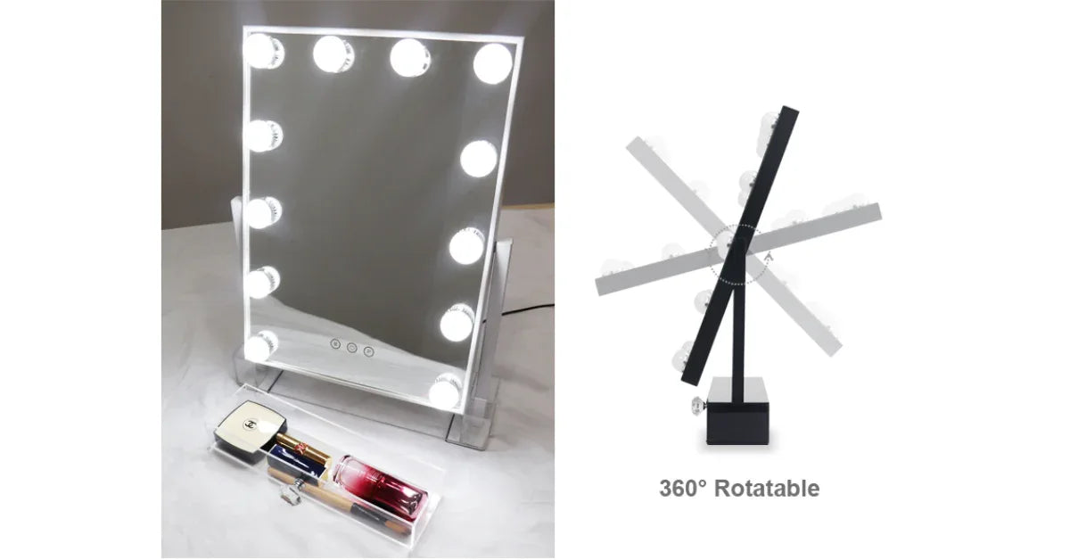 LED Lighted Desktop Vanity Makeup Mirror with Storage – Touch Sensor & Adjustable Brightness - Omnibaya