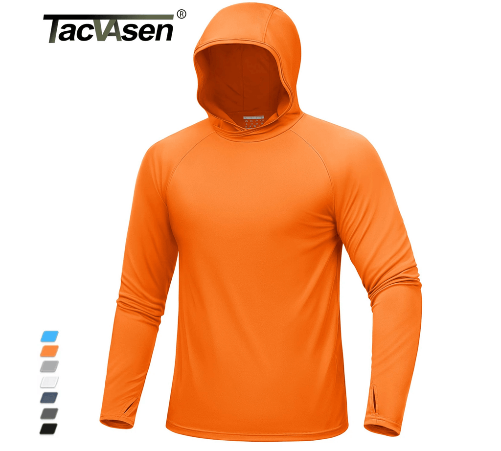 Orange TACVASEN hooded fishing shirt for men with sun-blocking UPF 50+ fabric and stretchable fit.