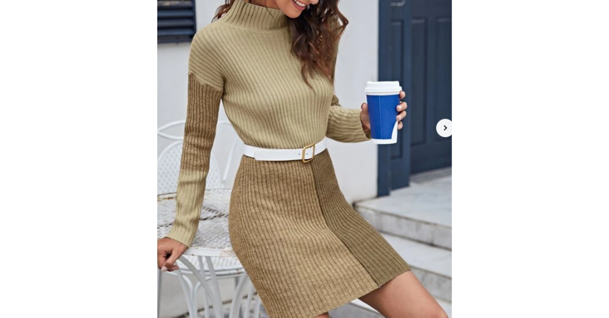 rib-knit color block sweater dress close-up
