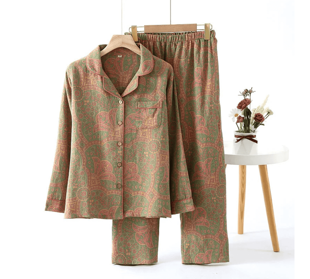 Traditional style women's pajamas featuring turn-down collar and soft fabric on hanger