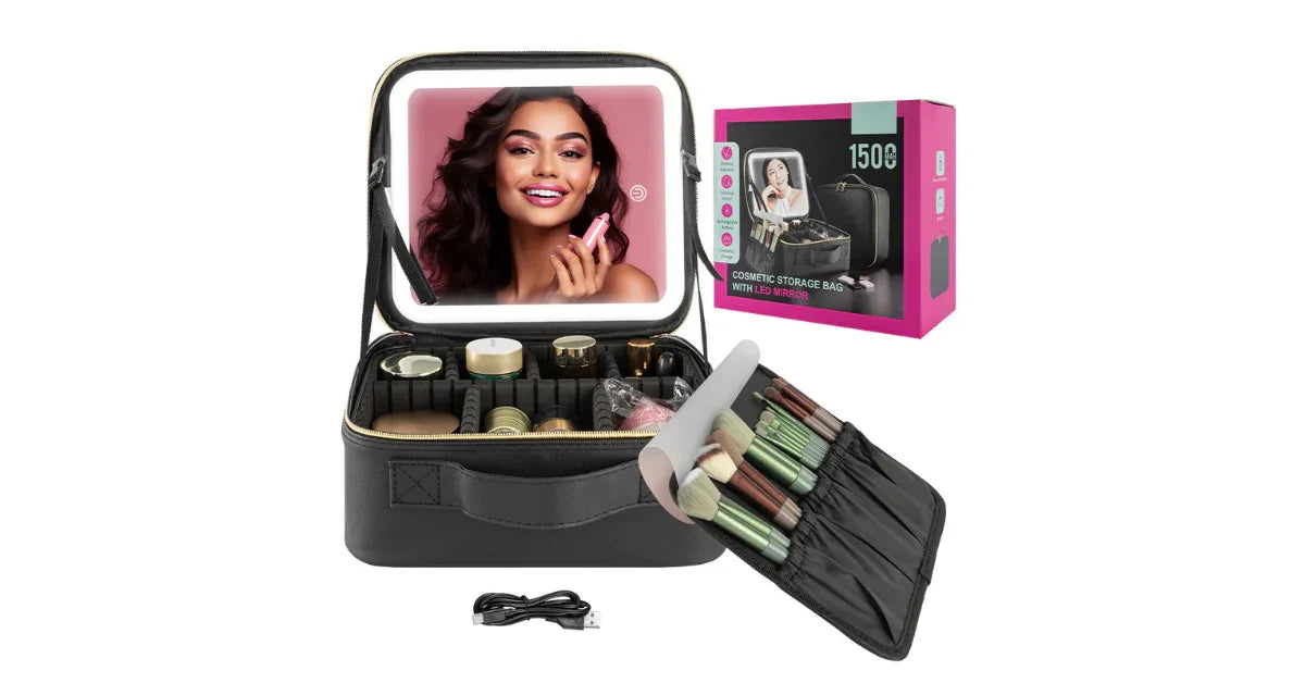 Portable LED Cosmetic Organizer Bag – Travel Makeup Storage with Lighted Mirror - Omnibaya
