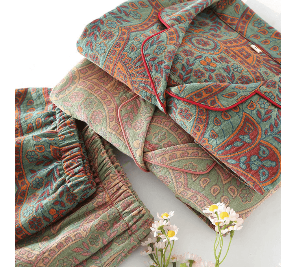 Ethnic print women's cotton pajamas set hanging on wooden hanger against beige background