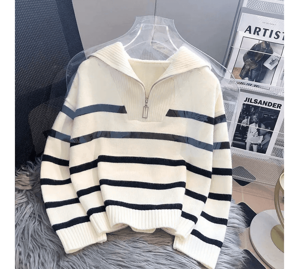 Premium Zipper Pullover Sweater for Women – Striped Loose Fit, Spring & Autumn Style by Pateekate - Omnibaya