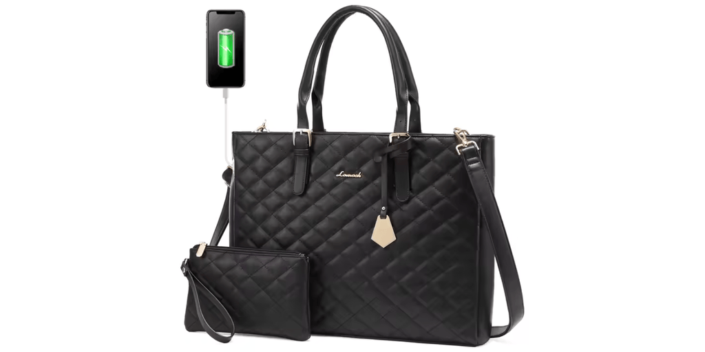 Elegant brown leather work tote with matching handbag