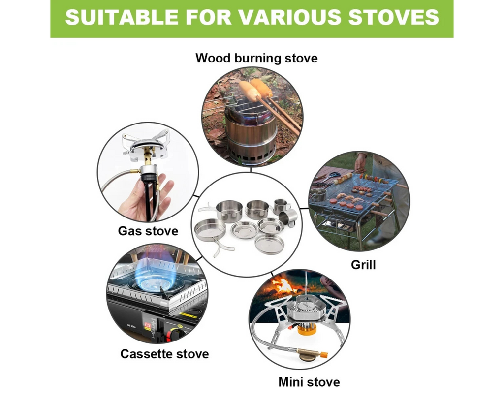 Stainless steel cookware set being used on open flame during camping