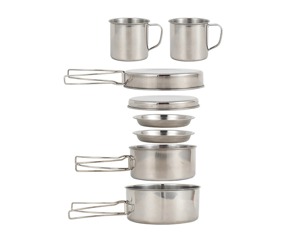 Folded stainless steel mess kit ready for hiking backpack