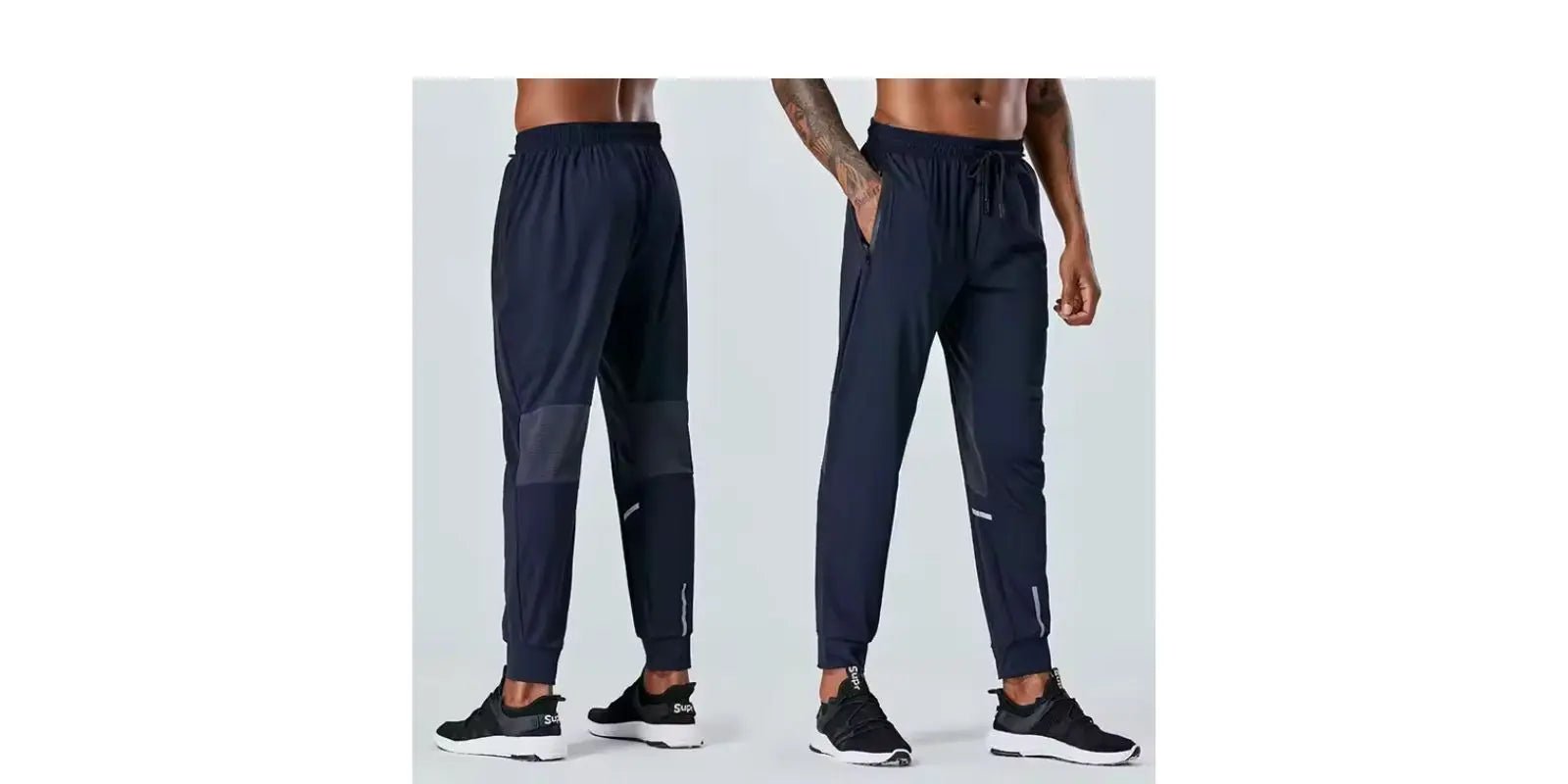 Omnibaya men's navy blue joggers with elastic waistband and tapered fit shown from front and back