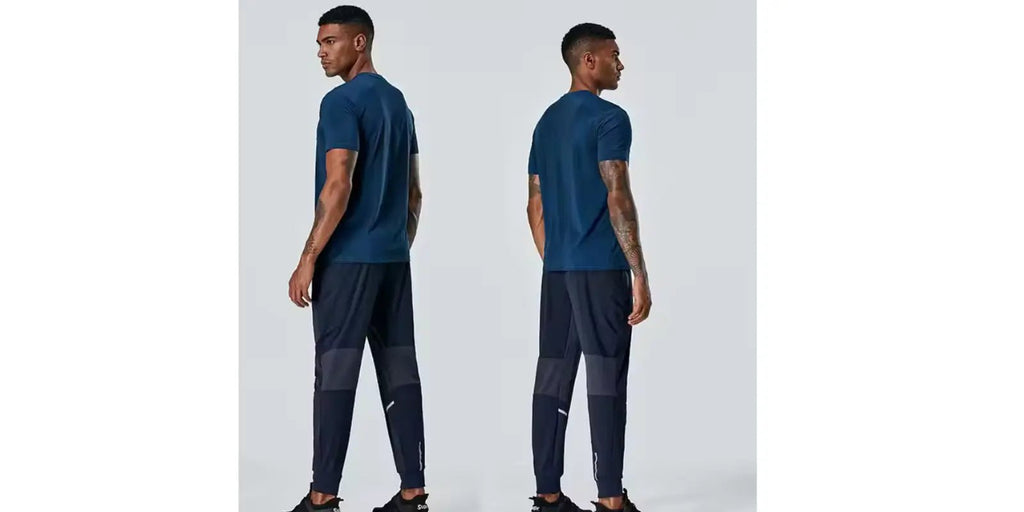 Two views of a man wearing men's navy blue joggers and a matching navy blue t-shirt