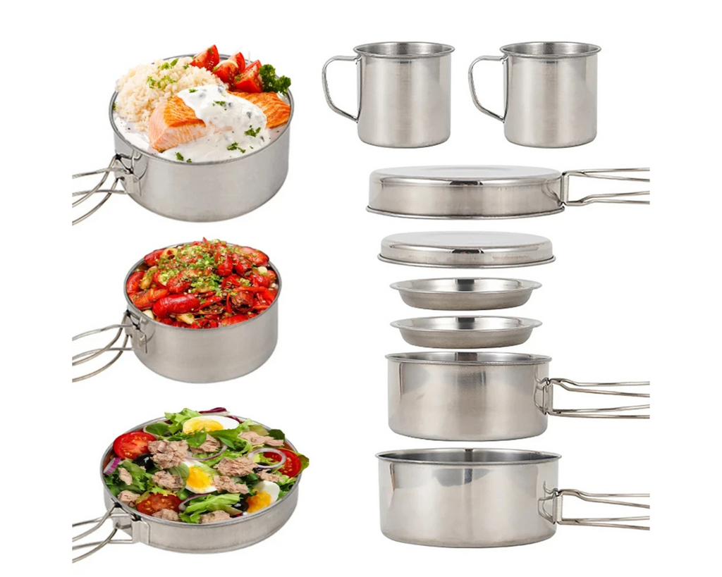 Close-up of stainless steel plates and cups from camping cookware set