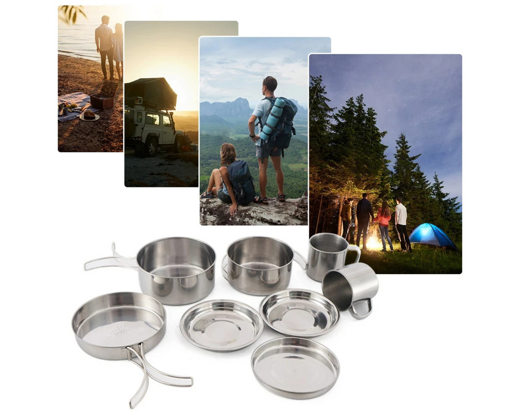 Complete 8pcs stainless steel camping cookware kit with pot, pan, plates, and cups
